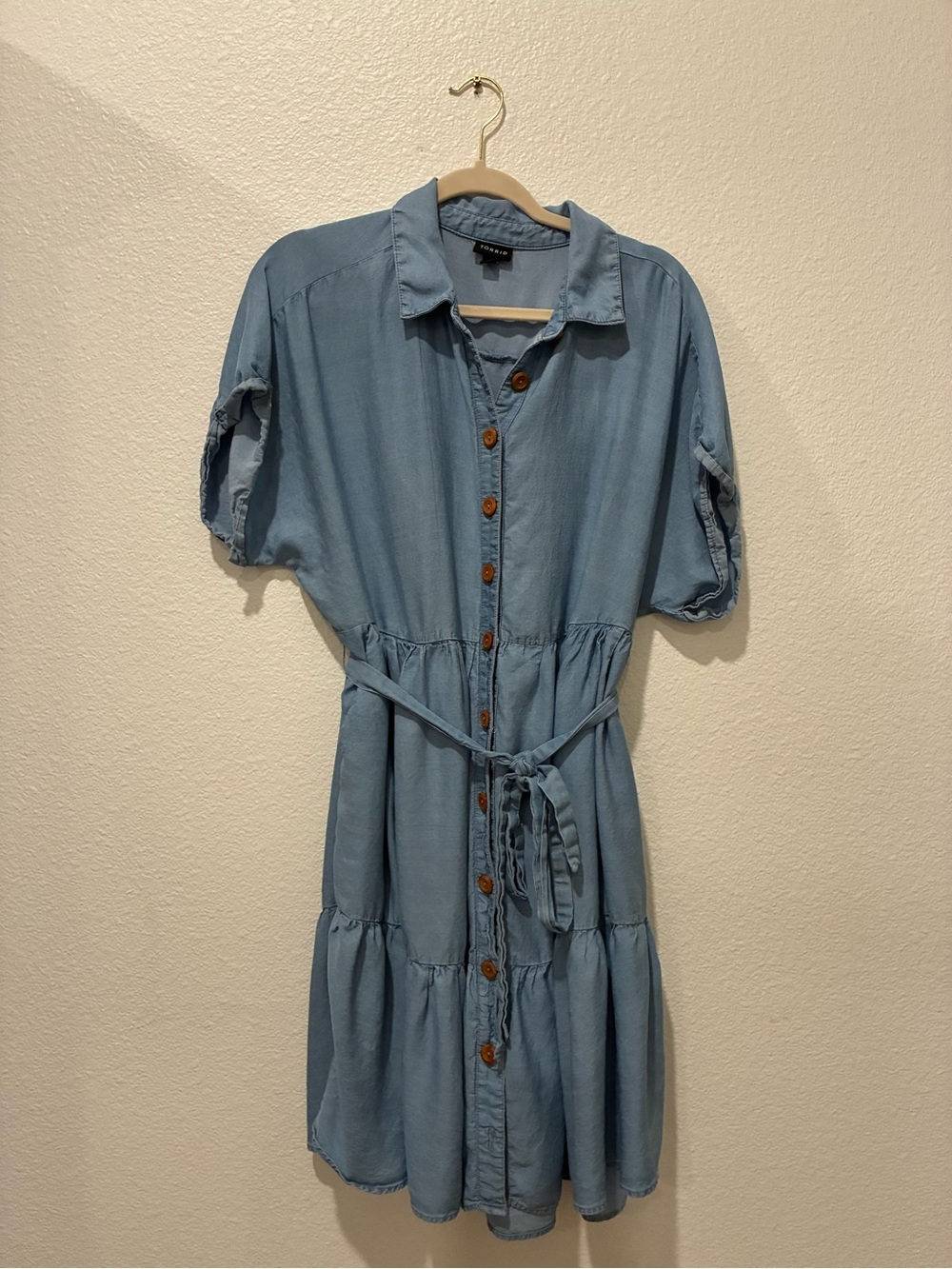 torrid Light Blue Button-Down Tiered Shirt Dress with Tie Waist plus Size 0